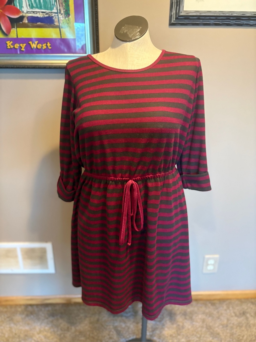 Striped Burgundy and charcoal Tie-Waist Women's Dress